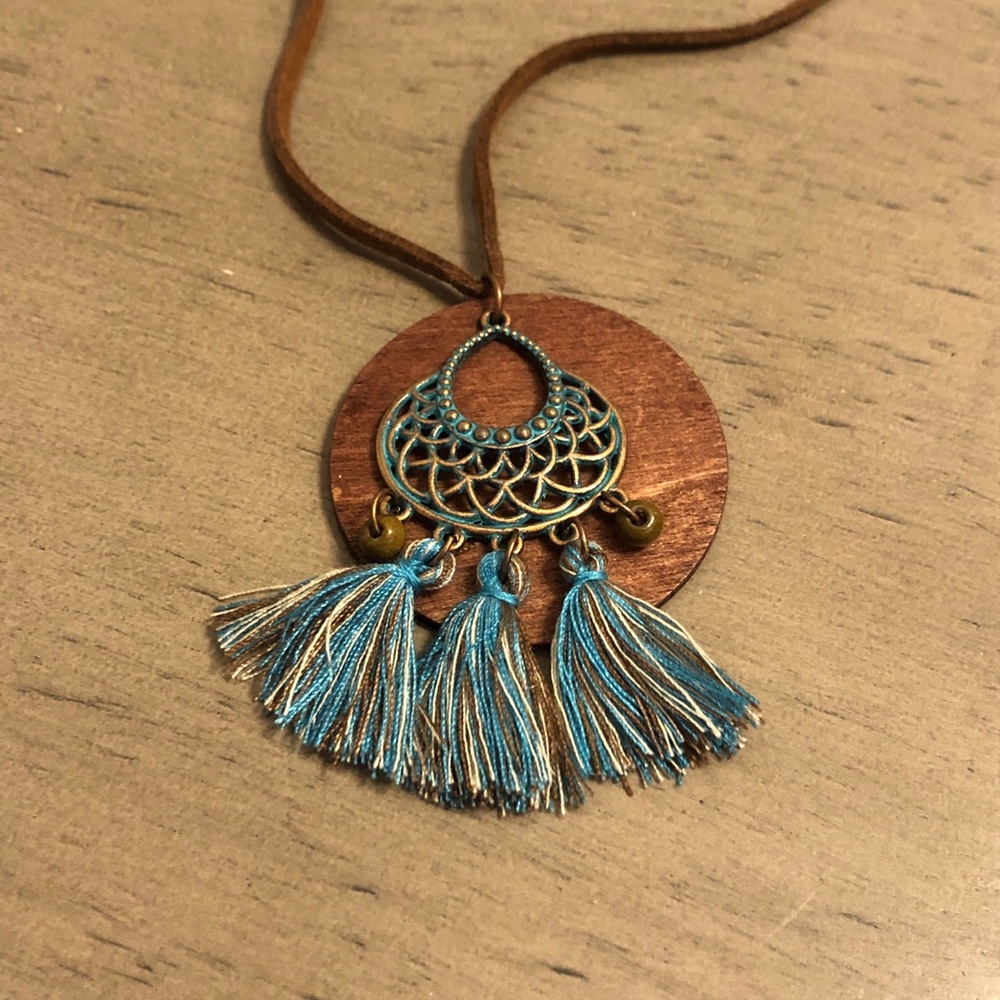 Bohemian Teal Blue and Brown Tassel Necklace and Earring Set - Picture 2 of 10